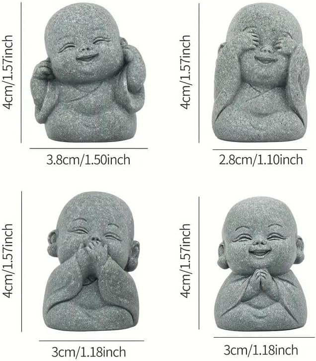 4Pcs Mini Zen Laughing Buddha Figurines Resin Praying Monk Statue Rustic Meditation Garden Ornaments for Bonsai Pots Landscaping Ornament