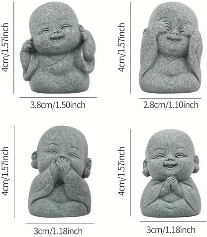 4Pcs Mini Zen Laughing Buddha Figurines Resin Praying Monk Statue Rustic Meditation Garden Ornaments for Bonsai Pots Landscaping Ornament