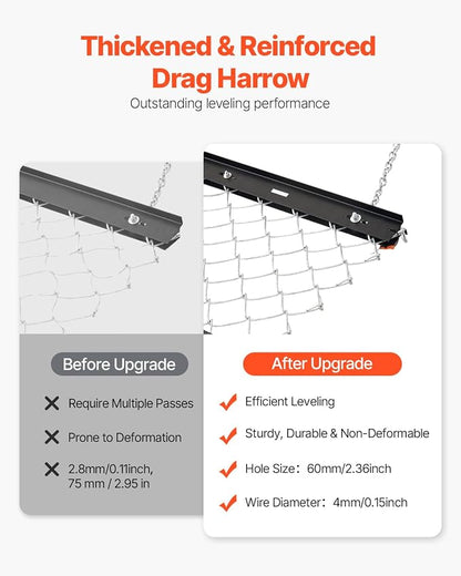 VEVOR Drag Harrow, 4 x 5 ft Chain Harrow - Made from Q235 Steel, UTV Tractor Attachments for Landscape Leveling or Sod Prepping, Durable Harrow Rake for Gravel Driveway, Farm Field Garden Black