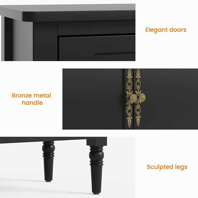 RoyalCraft Buffet Cabinet with 2 Doors & 3 Drawers, Vintage Sideboard with Storage, Painted Coffee Bar Table with Solid Wood Legs, Ideal for Kitchen, Living Room, Dining Room, Black