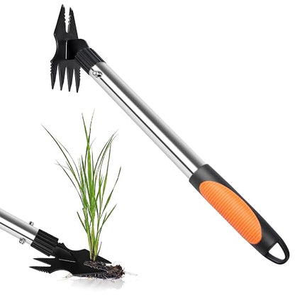 17" Hand Weeding Tool - 2 in 1 Manual Uprooting Weed Puller and Weeding Rake, Heavy Duty Grass Remover Tool, Gardening Weed Pulling Tools for Yard, Lawn, Patio and Garden