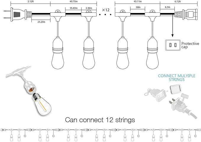 Banord White Outdoor String Lights, 96FT Commercial Grade Patio Lights with 30 1W S14 Dimmable Shatterproof LED Bulbs, Heavy Duty Hanging Lights for Outdoor, Waterproof String Lights (2x48FT)