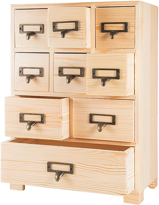 Apothecary Drawers Apothecary Cabinet with Drawers, Natural Wood | 9 Drawer Library Card Catalog, Wooden Storage Box, Wooden Desktop Organizer with Metal Handles-Fulled Assembled