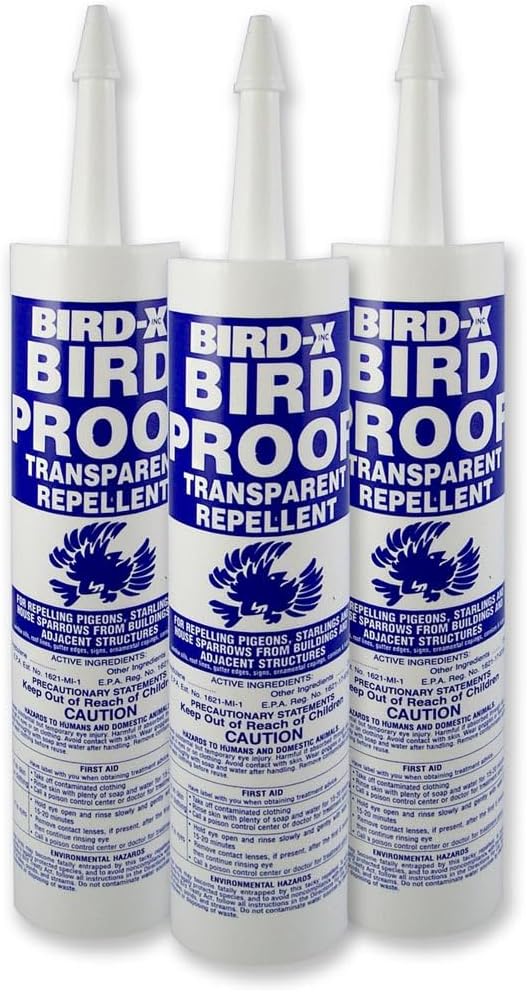 Bird-X Bird Repellent Gel, Sticky Clear Texture, 3 Tubes, 10 Fl Oz Each | For Ledges and Windowsills, Low-Profile, Discreet, Applies with Caulk Gun, Each Tube Covers 10 Feet Pigeons
