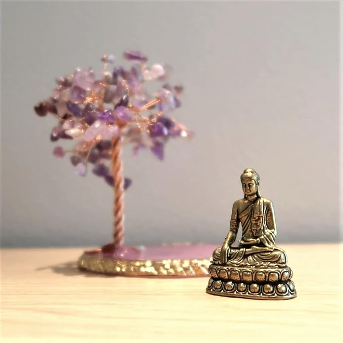 Buddha Statue with Healing Crystal Tree, Tree of Life for Positive Energy. Home Decor Yoga Meditation. Amethyst.(A)