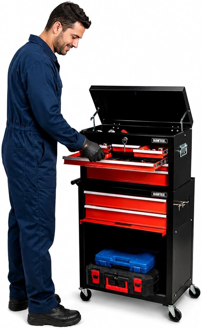 Hantec Tool Chest 9-Drawer Rolling Cabinet – Heavy-Duty Steel with Lockable Wheels, Keyed Lock & Ball-Bearing Drawers, 220 lbs Capacity, 20.1" W x 39.4" H, Organizer for Garage & Workshop (Red)