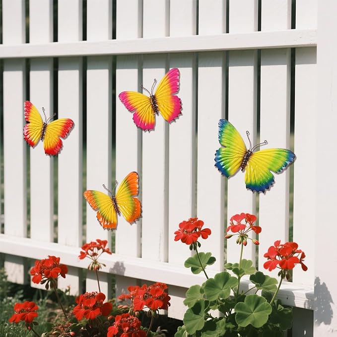 dreamskip 4 Pcs Metal Butterfly Wall Decor Art, Colorful Metal Butterflies Outdoor Wall Art, Hand-Crafted Outdoor Wall Decor For Yard, Garden, Fence, Patio, Living Room, Bedroom Decoration