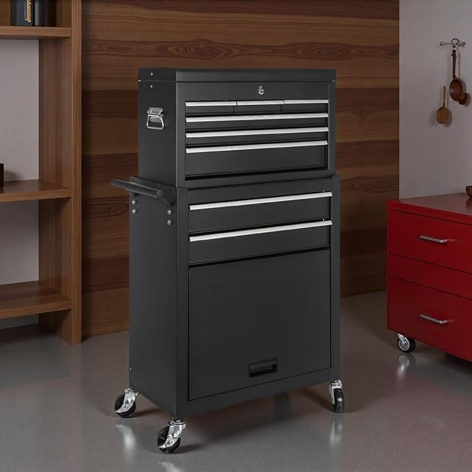 Tool Chest, 8-Drawers Rolling Tool Storage Cabinet with 2-in-1 Detachable Tool Box, Side Hooks, Liner, Lockable Wheels, Multifunctional Metal Tool Cart for Garage Warehouse, Black
