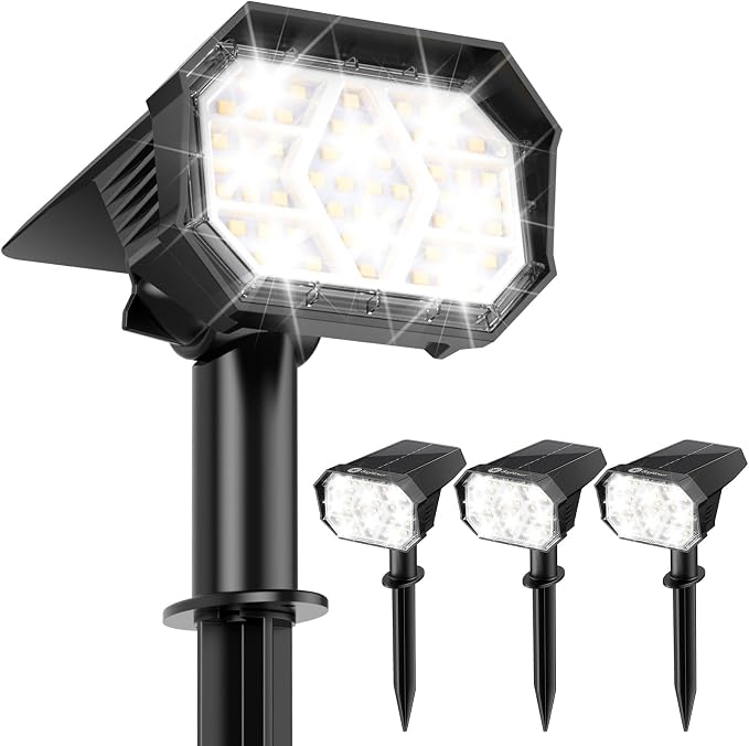 Brightown 4Pack Solar Spot Lights Outdoor with 58 LED & 1800mAh, IP67 Solar Lights Outdoor Waterproof with 3 Light Modes, 2-in-1 Dual Use Outdoor Solar Lights for Yard, Garden and Pathway (Cool White)