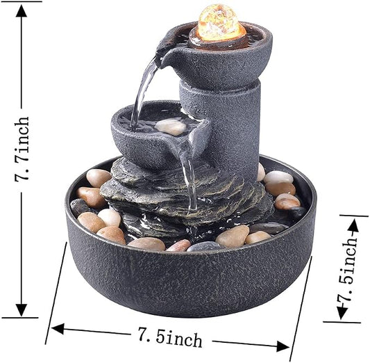 GOSSI Tabletop Water Fountain 2-Tier Indoor Waterfall Fountain with LED Light, Cobblestone & Glass Rolling Ball, Soothing Meditation Sounds for Office & Home Decor
