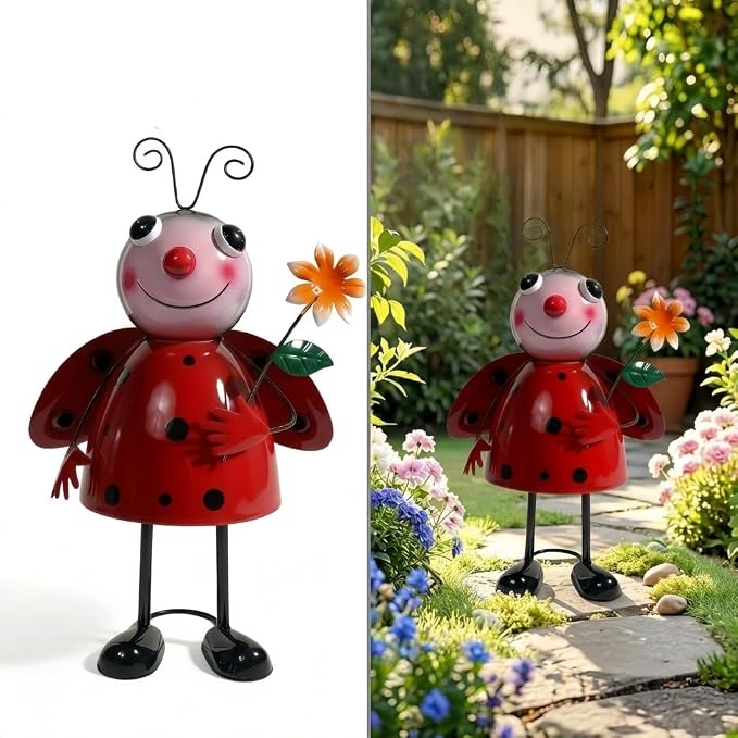 Wobbling Metal Ladybug Statue, 12.2" H Ladybug Decor, Cute Garden Décor, Garden Statues, Shakeable Desk Figurine, Indoor or Outdoor Figurine for Garden, Patio, Lawn, Porch or Entryway