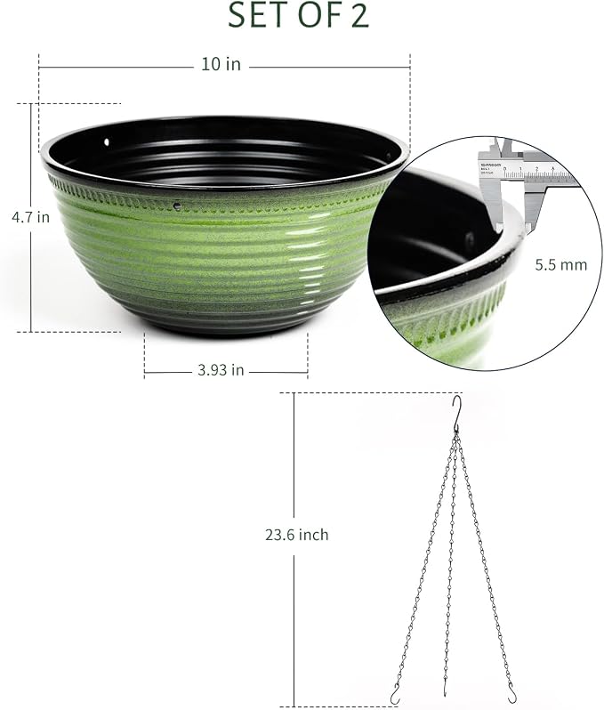 Vanslogreen 10 Inch Hanging Planter, 2 Pack Hanging Planters for Indoor Outdoor Plants, Hanging Pots with Drainage Holes for Garden Home (Green)