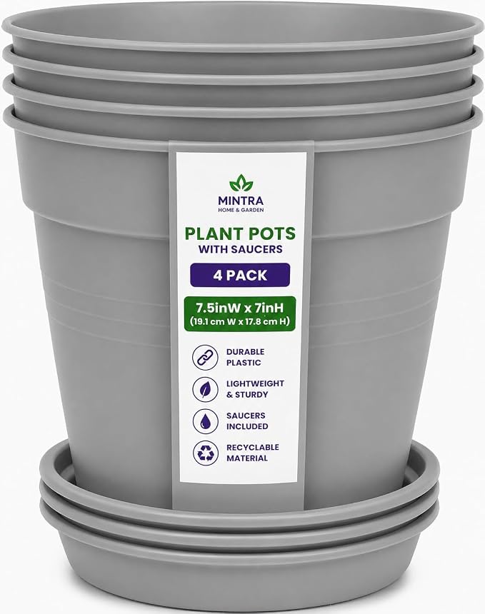 Mintra Garden Pots, 4 Pack Bulk Plastic Plant Pots with Drainage Tray, Round Indoor & Outdoor Decorative Planters with Drain Holes for Flowers, Herbs & Plants, 19cm Diameter – Grey, 7.5 in