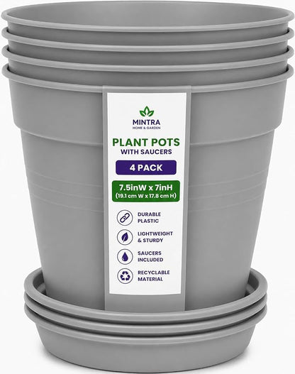 Mintra Garden Pots, 4 Pack Bulk Plastic Plant Pots with Drainage Tray, Round Indoor & Outdoor Decorative Planters with Drain Holes for Flowers, Herbs & Plants, 19cm Diameter – Grey, 7.5 in
