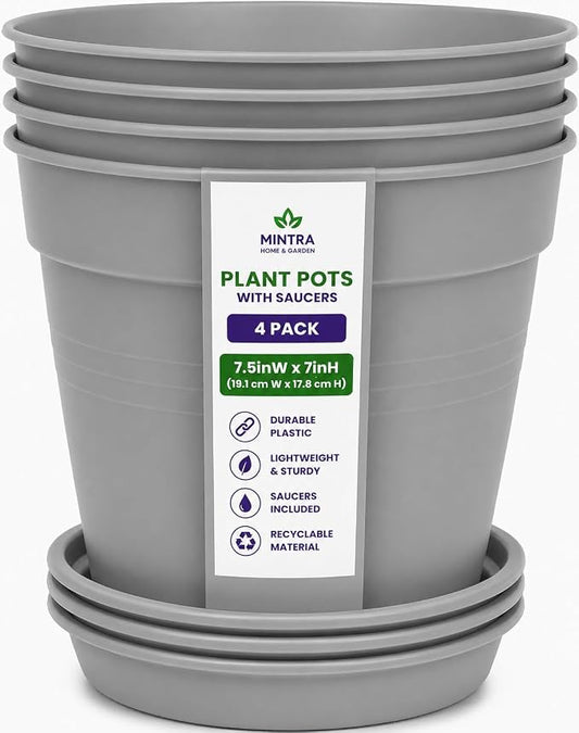 Mintra Garden Pots, 4 Pack Bulk Plastic Plant Pots with Drainage Tray, Round Indoor & Outdoor Decorative Planters with Drain Holes for Flowers, Herbs & Plants, 19cm Diameter – Grey, 7.5 in