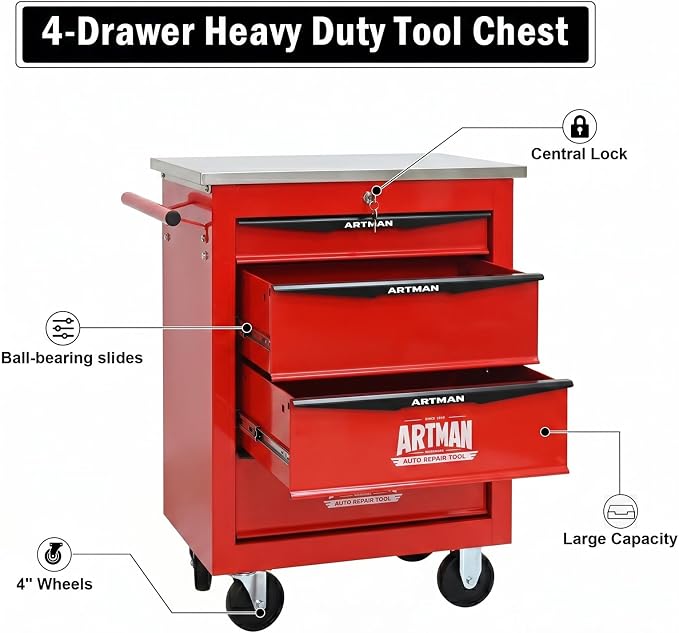 4-Drawer Rolling Tool Chest, Lockable Stainless Worktop for Garage, Red | Heavy Duty Metal Tool Cabinet with Drawers on Wheels for Warehouse and Workshop Storage