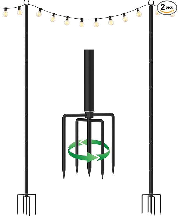 LAND·VOI Outdoor String Light Poles 2 Pack, Heavy Duty String Light Poles for Outside with 5-Prong Base & Adjustable Height, Perfect for Backyard, Patio, Garden, Fence and Party Decor