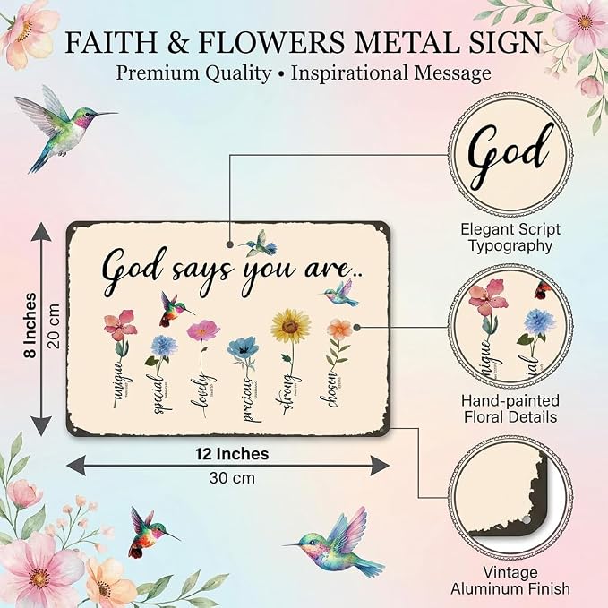 Funnysign Christian Gifts Gardening Gifts Garden Bible Verse Decor Bird Flowers God Says You Are Amazing Vintage Tin Sign for Home Garden Patio Yard Decor 8 X 12 Inch (3850)