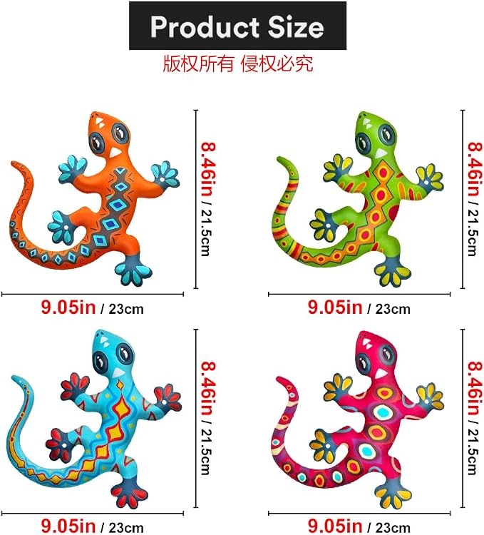 Metal Gecko Wall Art Decor- Outdoor Lizards Hanging Decoration for Garden Yard Fence Patio Balcony(4 Pack)