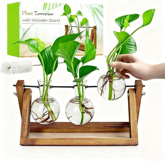 Renmxj Plant Propagation Station, Plant Terrarium with Wooden Stand | Unique Gardening Birthday Gifts for Women Plants Lovers, Home Office Garden Decor Planter - 3 Bulb Glass Vases