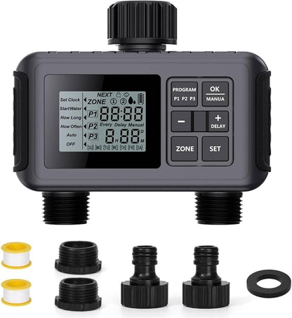 Uzoli 2-Zone Sprinkler Timer for Garden Hose, Programmable Water Timer with Automatic & Manual Mode, Rain Delay, IP55 Waterproof for Yard, Lawn, Pool