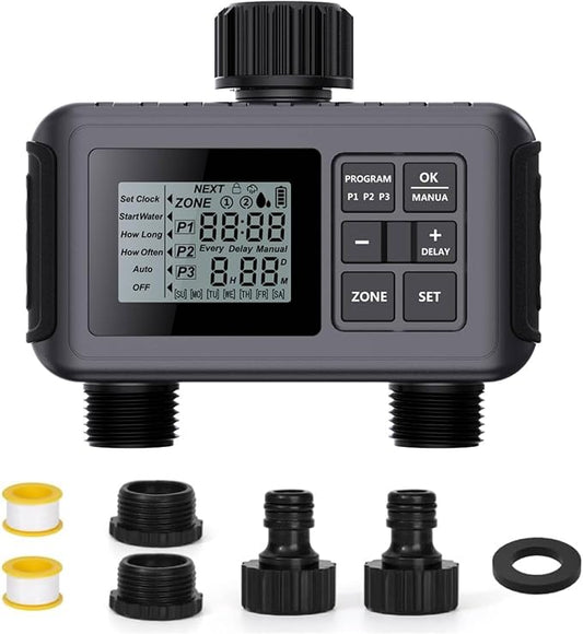 Uzoli 2-Zone Sprinkler Timer for Garden Hose, Programmable Water Timer with Automatic & Manual Mode, Rain Delay, IP55 Waterproof for Yard, Lawn, Pool