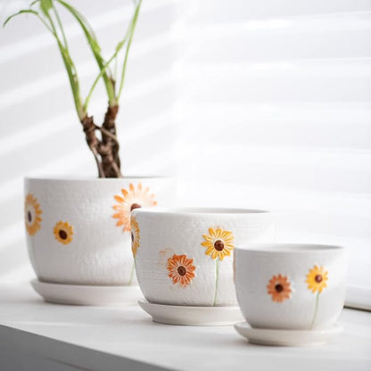 Ton Sin Ceramic Plant Pots for Indoor Houseplants, Cute Decorative Flower Planters with Drainage Holes & Matching Saucers, Hand-Painted Yellow Sunflower Design, 6.7/5.5/4.3 Inch Sizes