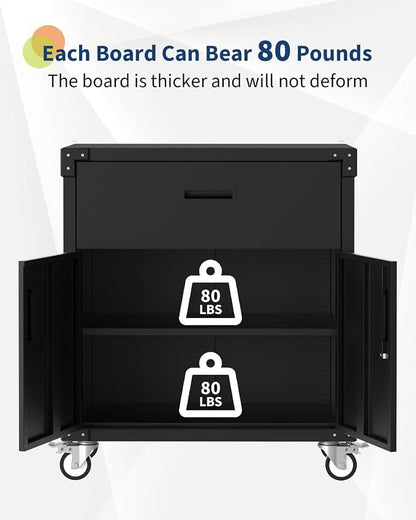 GarveeHome Rolling Tool Cabinet with Drawer | Heavy Duty Metal Garage Storage with Adjustable Shelf & Locks | Rust Resistant Wheels for Warehouse Workshop, Black
