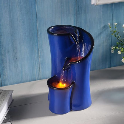 Indoor Water Fountain Imitation Ceramics Appearance Tabletop Relaxation Desktop Waterfall w/ 3 Reflective led, 9.8 Inch Tall (Blue)