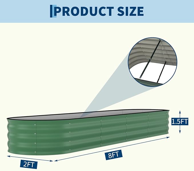 GarveeTech Oval Raised Garden Bed 8x2x1.5 ft - 0.6mm Thick Metal Raised Bed, Rust & Corrosion Resistant, Open Bottom for Drainage, Anti-Cut Strip Included, for Vegetables Flowers Planting, Green