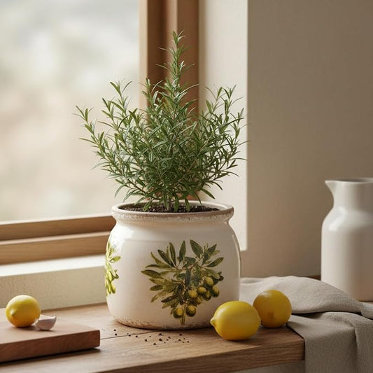 Xiaan Jiaju Mediterranean Ceramic Plant Pots with Olives Branches Pattern, 6.3 Inch Tuscan Planter for Indoor Plants, Rustic Farmhouse Home Kitchen Decor, Tuscan Vase for Centerpiece, Olive Green