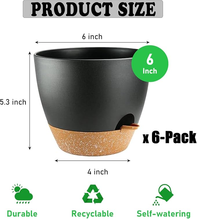 Self Watering Plant Pots with Drainage & Saucers, 6-Pack 6 in - Plastic Flower Pots for Indoor Plants, Succulents & Herbs, Planters for Indoor Outdoor & Balcony (Black)