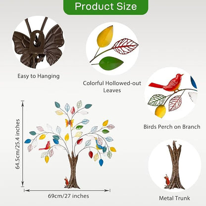 dreamskip 25" Tree of Life Metal Wall Art with Colorful Leaves and Birds, Large Metal Tree Wall Decor Sculpture Outdoor Indoor, Living Room, Patio, Fence, Bedroom, Garden Decoration