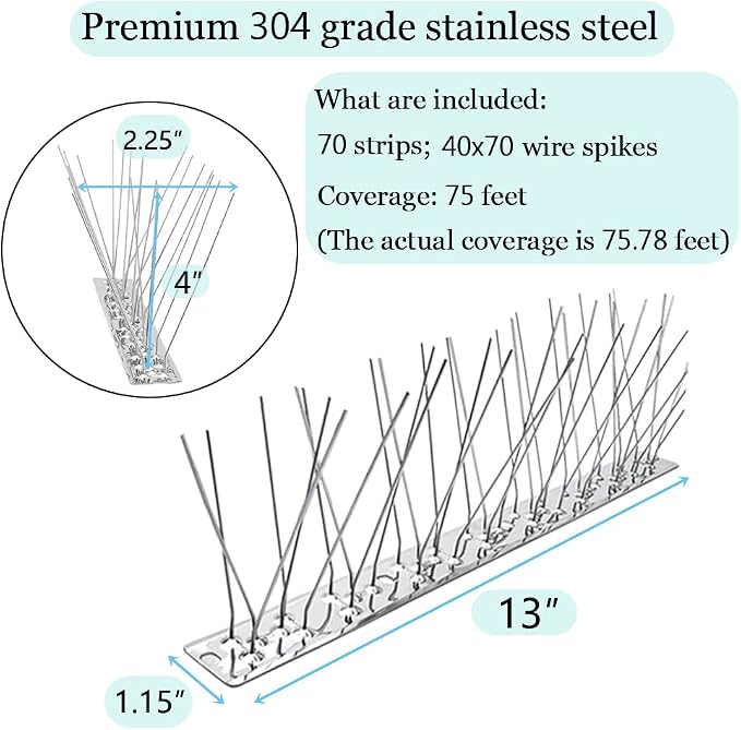 PANGCH Bird Spikes,Stainless Steel Bird Spikes Metal Bird Spikes Fence Spikes Easy to Install - 70 Strips 75.78 Feet Coverage