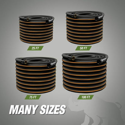 RUGGED RHINO Heavy Duty Garden Hose 75ft x 5/8in, Anti-Kink and Leakproof, Durable 4-Layer Construction, 500 PSI Burst, All Weather Outdoor Watering for Lawn, Garden, Flowers, Black and Orange