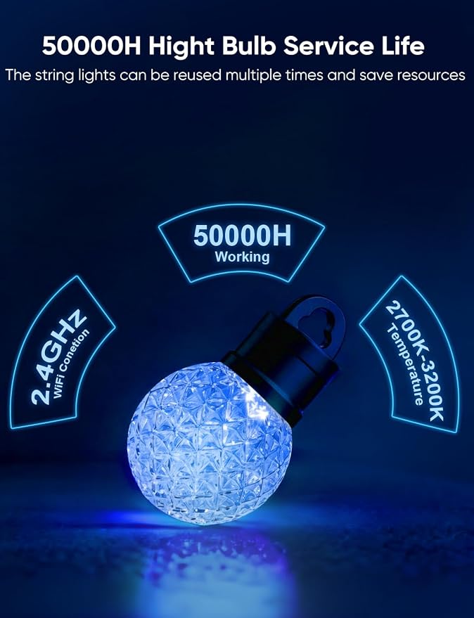 APPECK RGBW Outdoor String Lights 50ft for Patio, with 25 LED Bulbs | IP65 Waterproof, 111 Scene Modes, Dimmable Warm White, Individual Control, Music Sync, Compatible with Alexa & Google