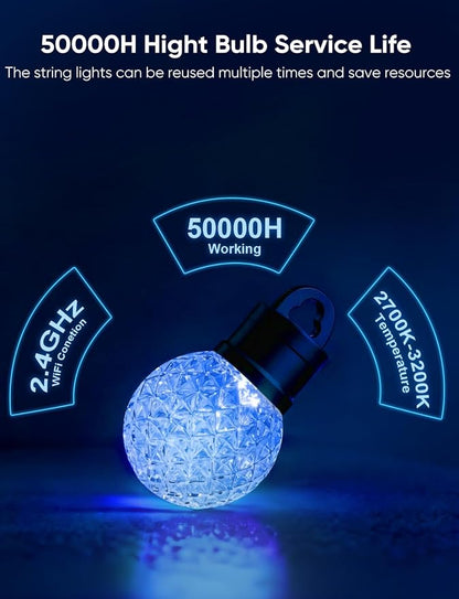 APPECK RGBW Outdoor String Lights 50ft for Patio, with 25 LED Bulbs | IP65 Waterproof, 111 Scene Modes, Dimmable Warm White, Individual Control, Music Sync, Compatible with Alexa & Google
