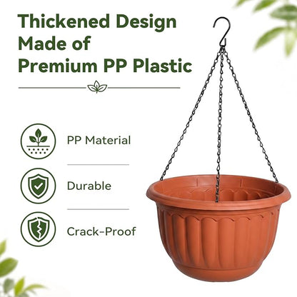 YIKUSH 12 Inch Hanging Planters for Outdoor Plants, 2 Pack Plastic Hanging Flower Pots with Drainage Hole & Tray, Hanging Basket Style Pots for Porch Patio Balcony Decor (Terracotta Color)