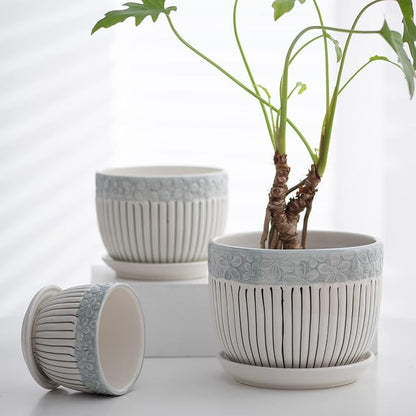 Ton Sin Grey Flower Pots, Texture Planter for Indoor Plants Set of 3 Ceramic Flower Pots with Saucer, Cute Garden Pots Succulent Pots, 6.75/5.6/4.2 Inch, Indoor Outdoor Home Garden Decor