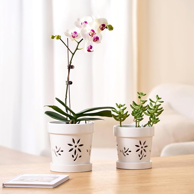 STHIE Small Orchid Pots with Holes 5 Inch & 6 Inch, Ceramic Orchid Pots for Repotting, 2 Pack Breathable Slotted Orchids Planter, White Flower