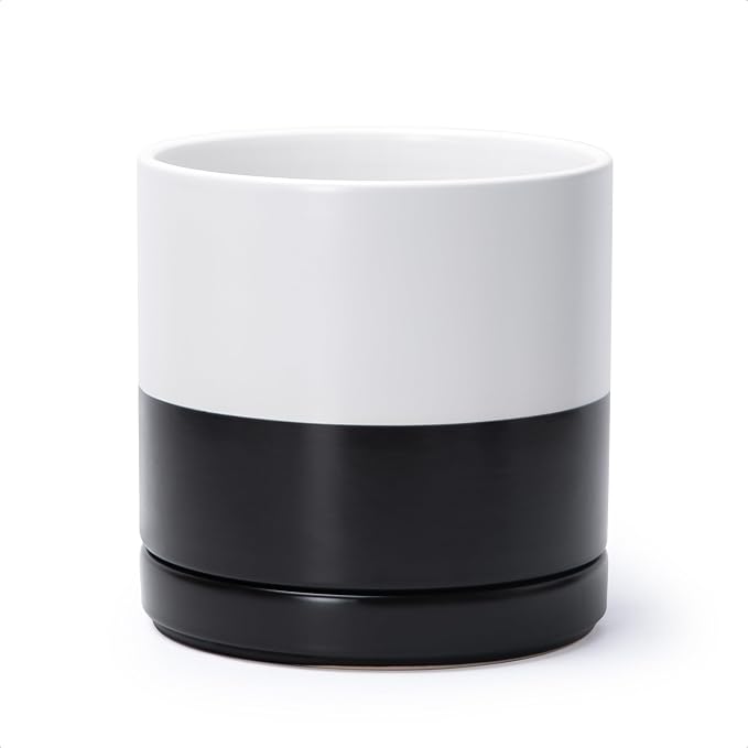 D'vine Dev 8.2 Inch Ceramic Planter Pot with Drainage Hole and Saucer, Indoor Cylinder Round Planter Pot, Layered Monochrome Black & White, 94-O-D-L