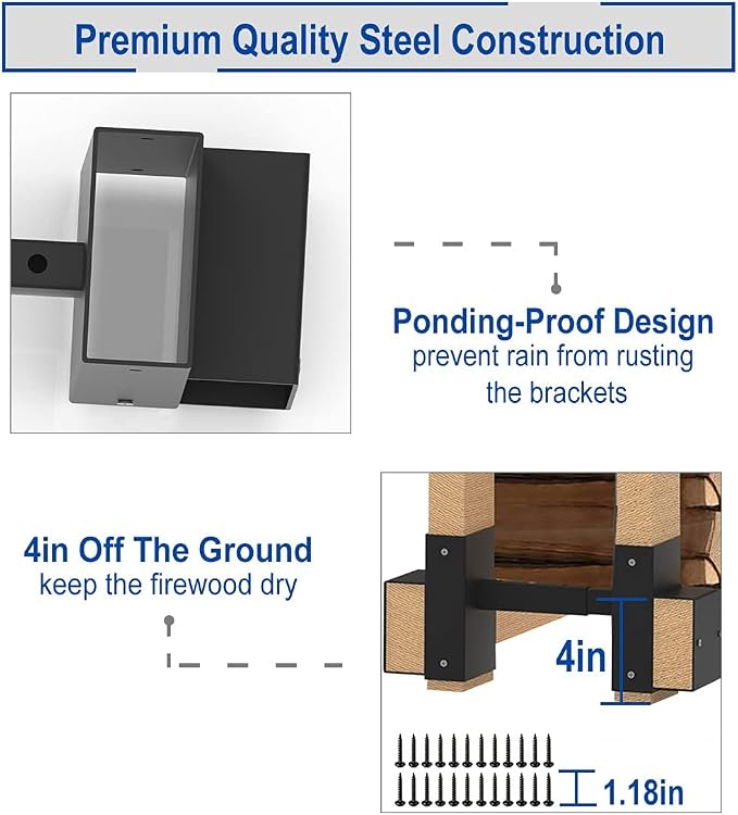 Outdoor Firewood Rack Bracket Kit, 2x4 Firewood Storage Holder with 3 Depth Adjustable, Lumber Storage Rack for Outdoor Indoor Patio, 1 Pair (2x4s not Included)