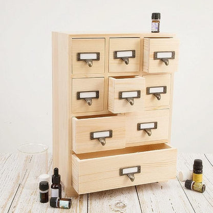 Apothecary Drawers Apothecary Cabinet with Drawers, Natural Wood | 9 Drawer Library Card Catalog, Wooden Storage Box, Wooden Desktop Organizer with Metal Handles-Fulled Assembled