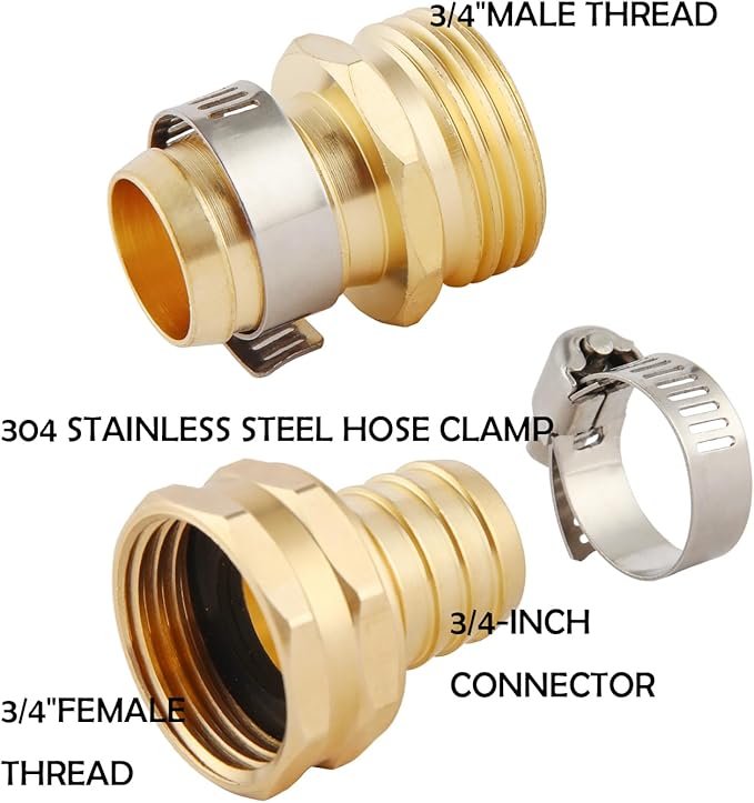 4 Set Brass Garden Hose Repair Connector Kit with Clamps, Fit for 3/4" Garden Hose Fitting,3/4'' Barb x 3/4'' GHT Garden Hose Adapter/Fittings, Water Hose Repair Kit