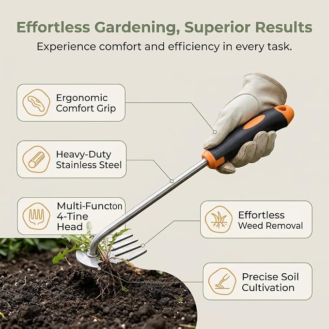 Premium Weed Puller Tool, 2-in-1 Garden Weeder Hand, Stainless Steel Gardening Accessories with 4 Sharp Teeth Remover, Weeding Supplies for Landscaping Essentials (Rubber Handle)