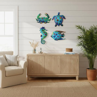 VEWOSTAR Metal Ocean Wall Art Decor Outdoor - Themed Metal Wall Sculpture Set of 4, Beach House Decor for Bathroom, Coastal Patio, Garden Fence, Pool Wall Art, Nautical Outdoor Decor Gift