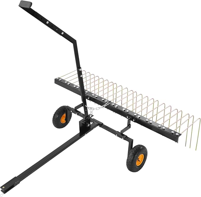 VEVOR Tow Behind Dethatcher, 60-inch Lawn Dethatcher Rake with 24 Steel Tines for ATV or Mower, Heavy Duty Q235 Steel Tow Behind Lawn Rake with Lift Handle for Farm Leaves, Pine Needles, and Grass