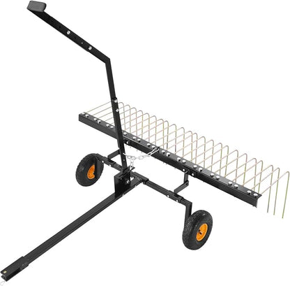 VEVOR Tow Behind Dethatcher, 60-inch Lawn Dethatcher Rake with 24 Steel Tines for ATV or Mower, Heavy Duty Q235 Steel Tow Behind Lawn Rake with Lift Handle for Farm Leaves, Pine Needles, and Grass