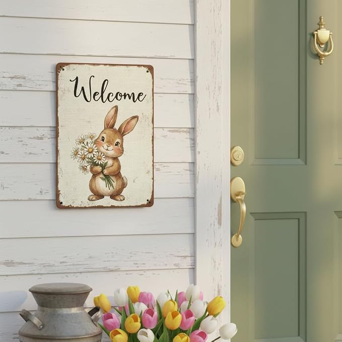 Funny Bunny Tulip Welcome Metal Sign Easter Spring Decor Rabbit Lovers Gift Rustic Farmhouse Wall Art For Home Porch Entryway 8x12Inch