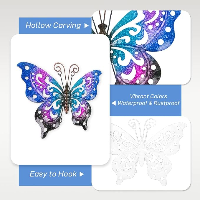 3 Pack Metal Butterfly Wall Decor, Colorful Metal Butterfly Outdoor Wall Art, Hand-Made Outdoor Wall Decor For Garden, Patio, Fence, Yard